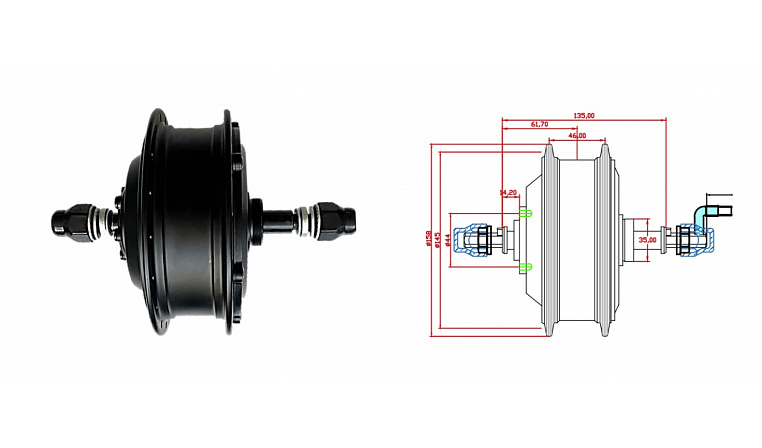 Мотор-колесо Медведь редукторное заднее 500-750Вт, 24-72В